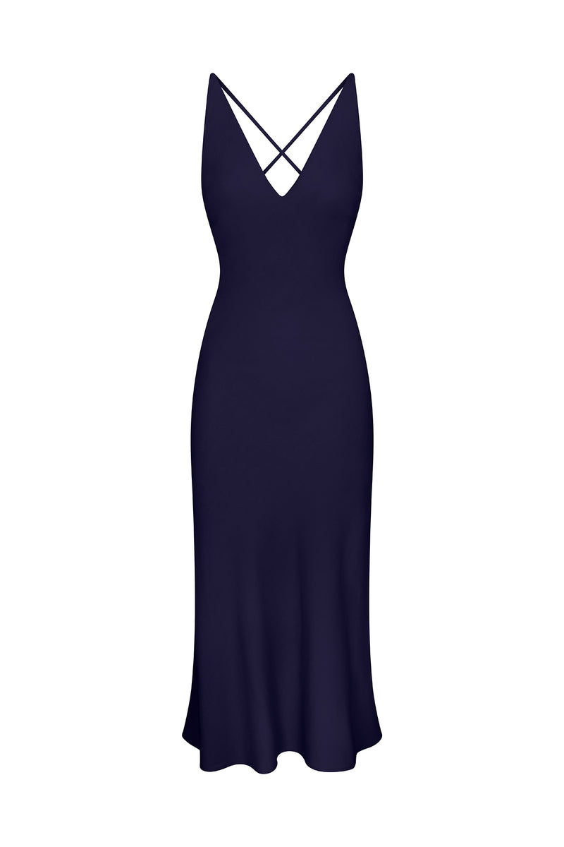 Plunging Bias-Cut Dress Taupe Marine in Stretch Twill on white background