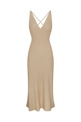 Plunging Bias-Cut Dress Taupe in Stretch Twill on white background