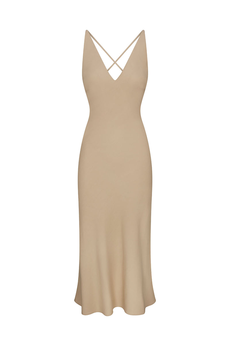 Plunging Bias-Cut Dress Taupe in Stretch Twill on white background