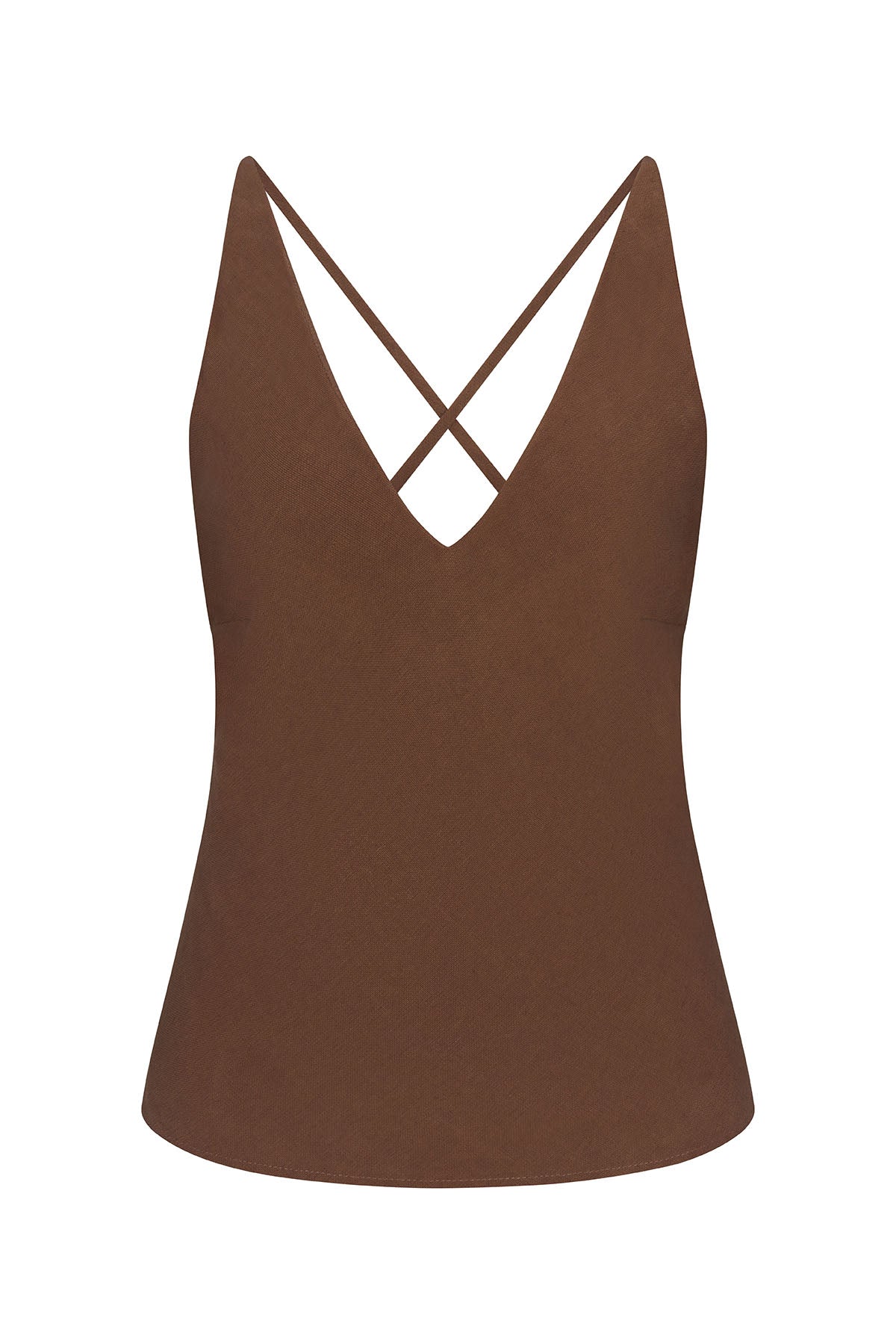 Plunging Bias-Cut Top Marron in Stretch Suiting on white background