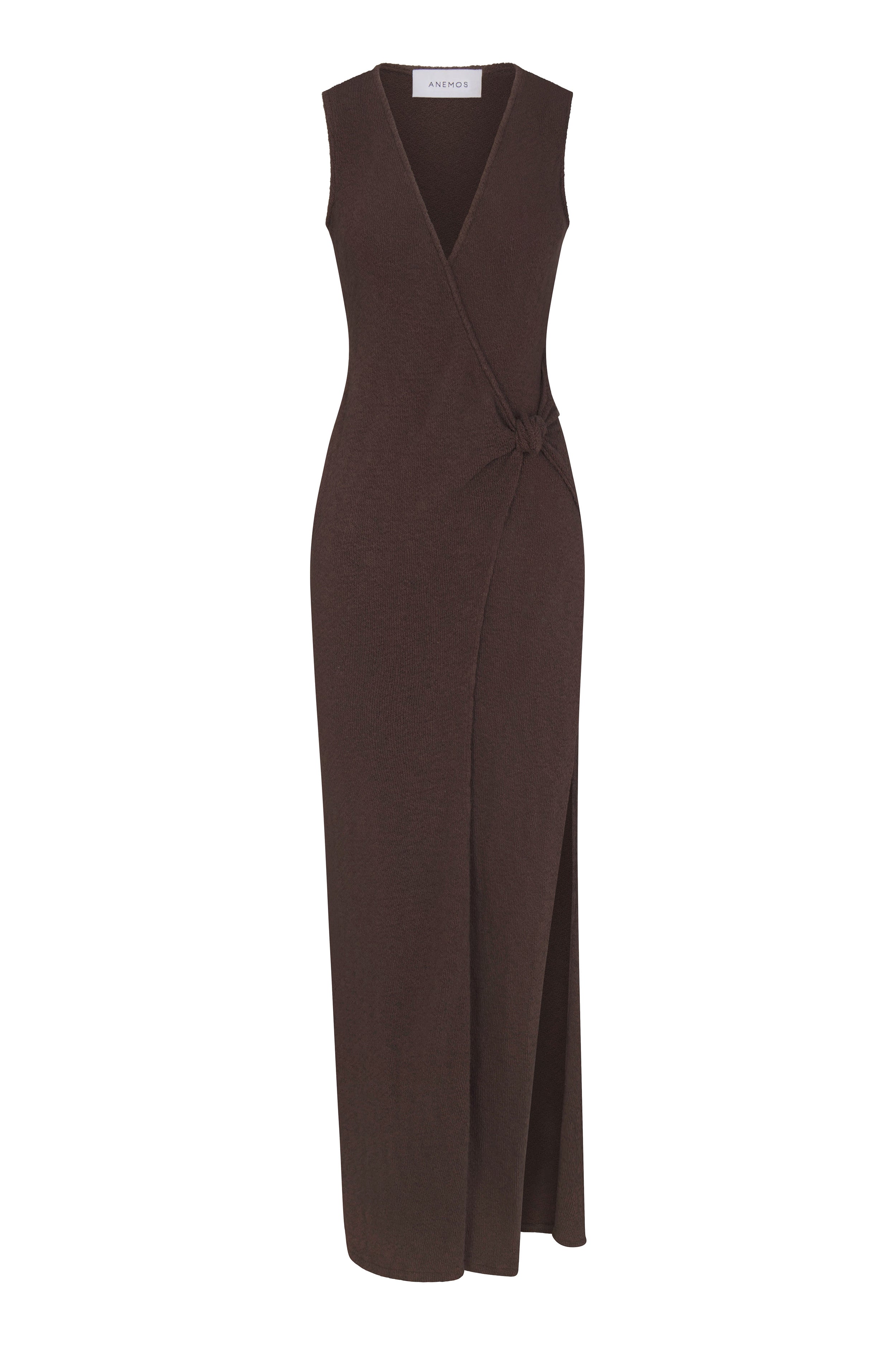 Plunging Knot Wrap Dress in crochet cotton knit featuring a wrap silhouette, knot detail, and plunging neckline in a lightweight textured fabric.