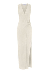 Plunging Knot Wrap Dress in crochet cotton knit featuring a wrap silhouette, knot detail, and plunging neckline in a lightweight textured fabric.