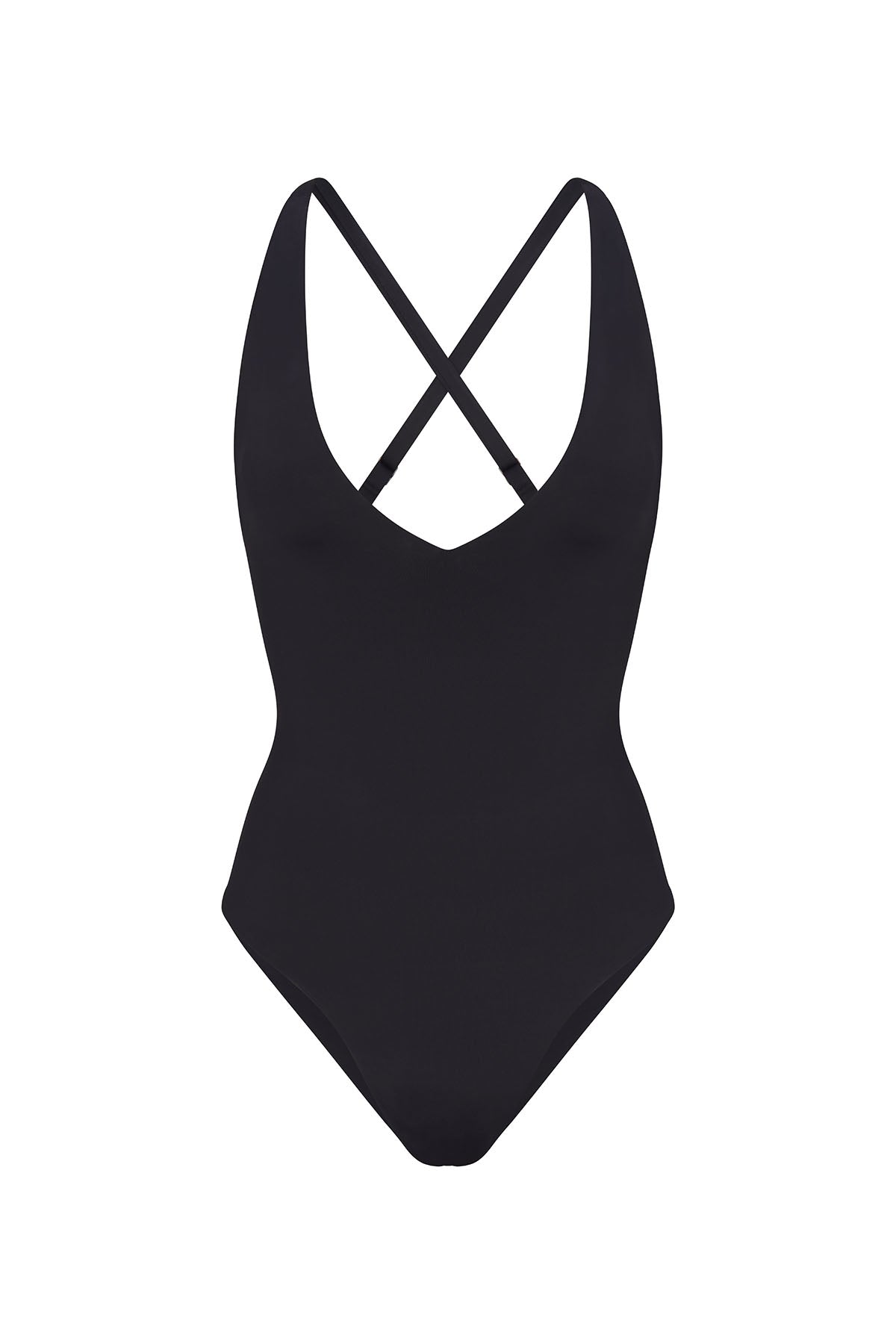 Plunging One-Piece Black on white background