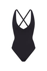Plunging One-Piece Black on white background