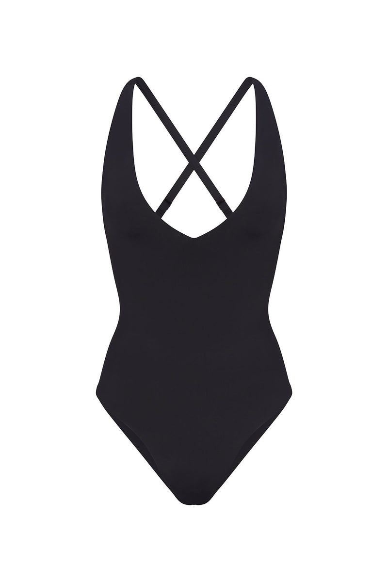 Plunging One-Piece Black on white background
