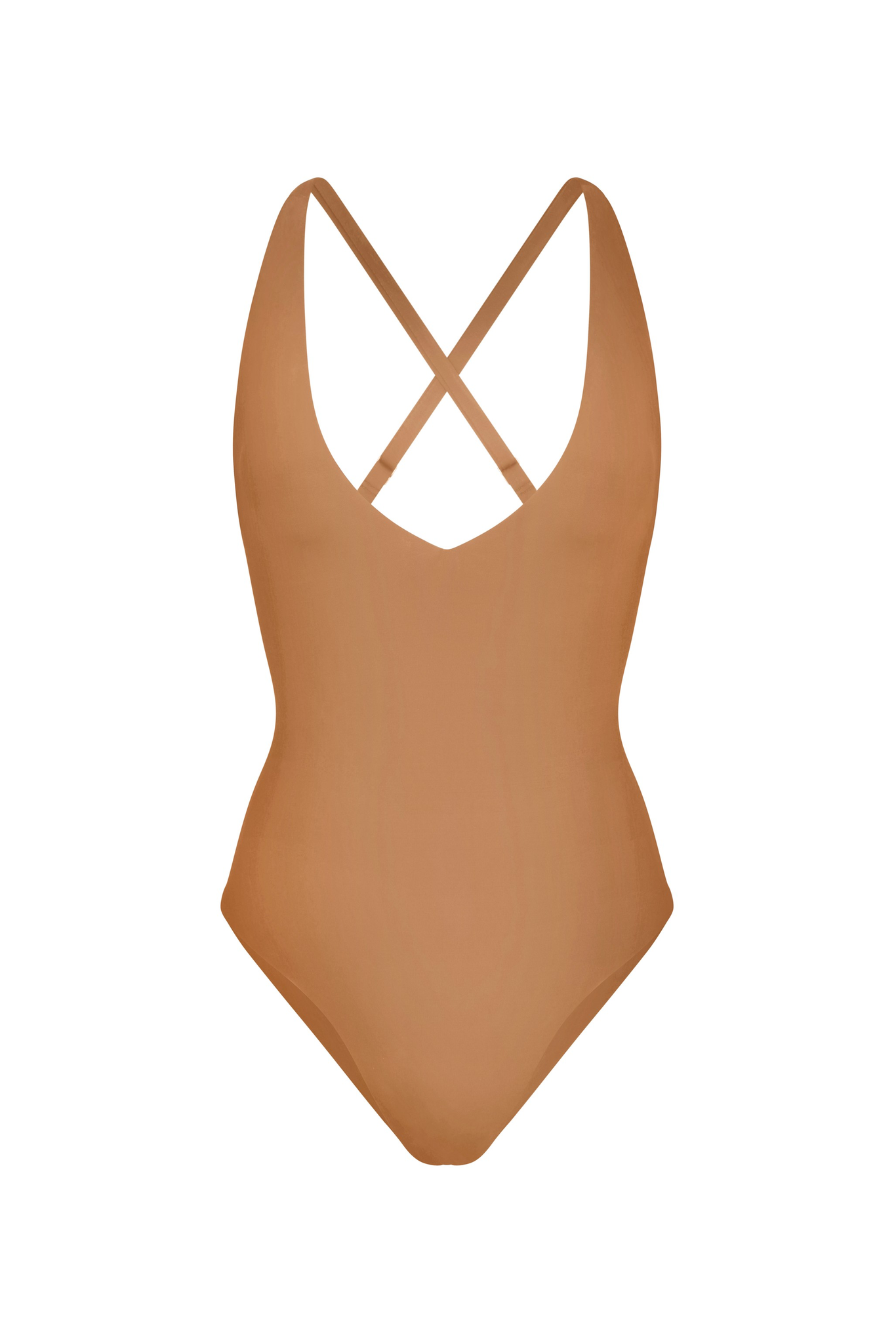 Plunging One-Piece Fawn on white background