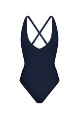 Plunging One-Piece Navy on white background