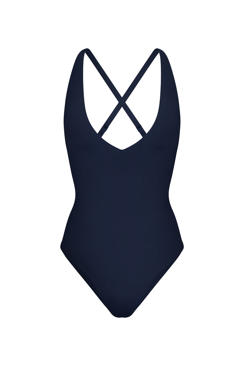 Plunging One-Piece Navy on white background