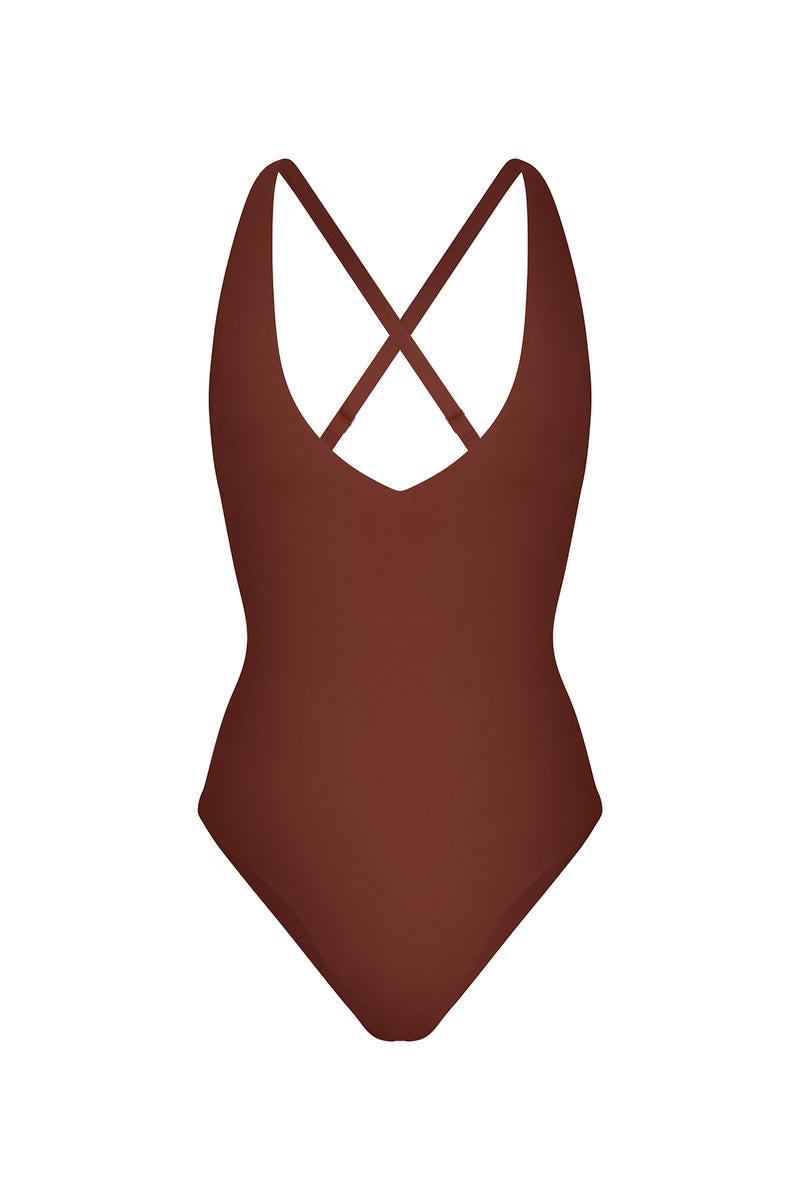 Plunging One-Piece Sienna on white background