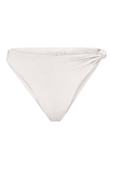 The Knot Asymmetric Midi Bikini Bottom on a white background, featuring a high-waist, high-cut leg, and knot detail at the hip for a retro-inspired, sculptural look. 