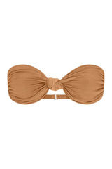 The Knot Bandeau Bikini Top on a white background, featuring a bandeau silhouette with a refined knot detail, blending ’70s glamour with ’90s simplicity. 