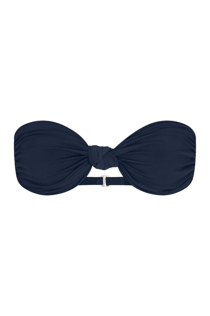 The Knot Bandeau Bikini Top on a white background, featuring a twist front detail and strapless silhouette for a chic, minimalist look. 