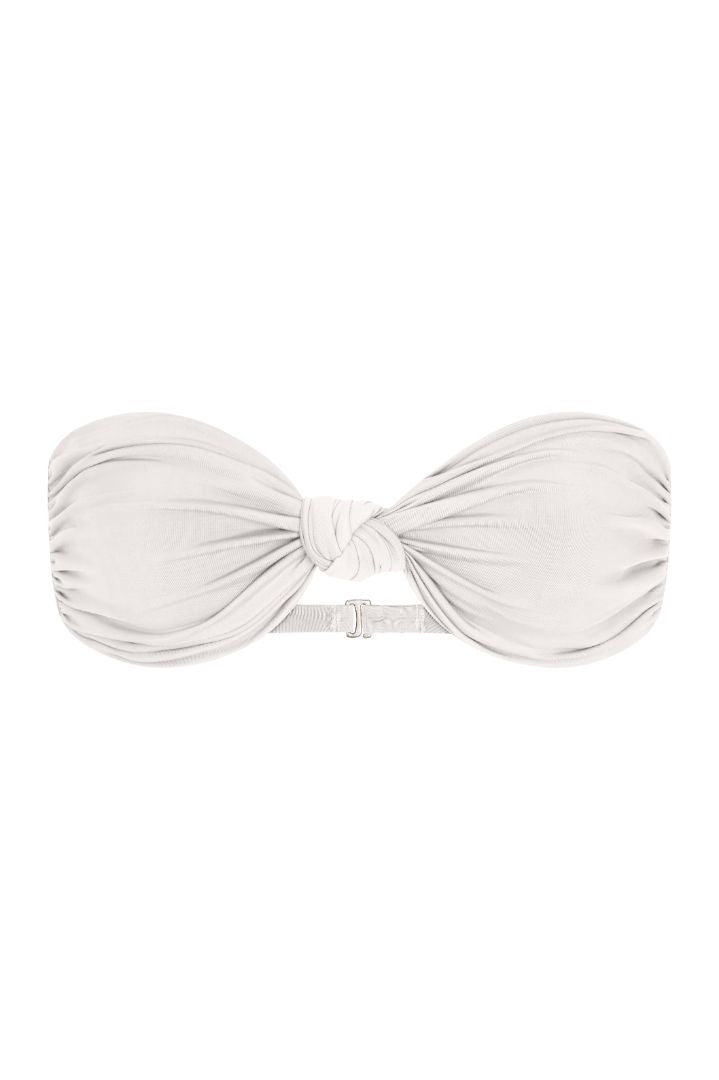 The Knot Bandeau Bikini Top on a white background, featuring a twist front detail and strapless silhouette for a chic, minimalist look.