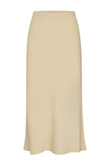 Rey Bias-Cut Skirt in fluid stretch sateen on a white background. Elegant, flattering, and perfect for elevated everyday or evening wear.