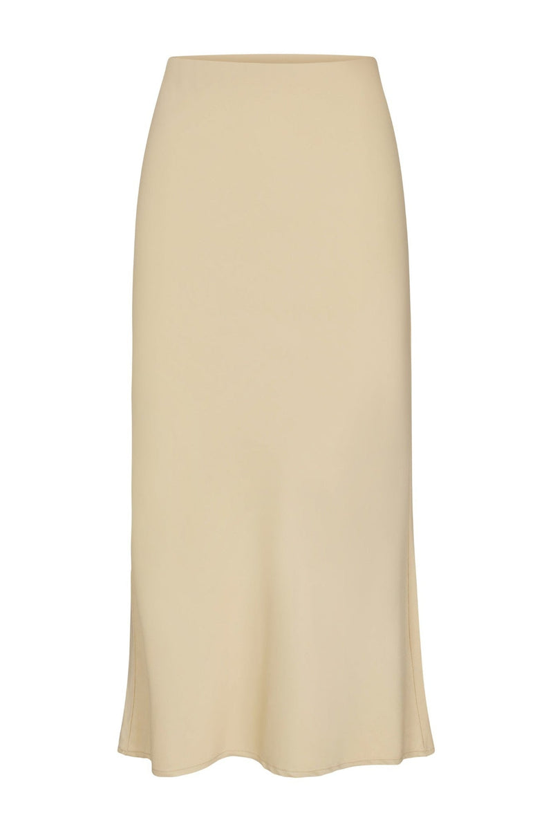 Rey Bias-Cut Skirt in fluid stretch sateen on a white background. Elegant, flattering, and perfect for elevated everyday or evening wear.