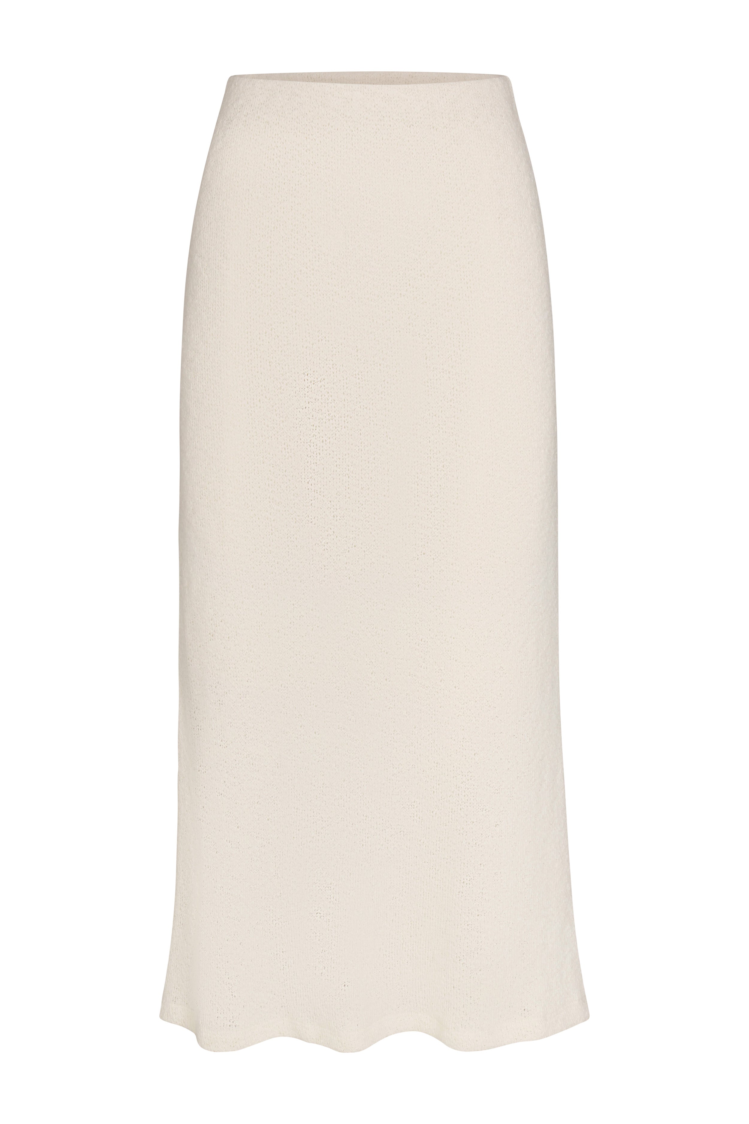 Rey Midi Skirt in cream cotton crochet knit with a textured finish, fluid drape, and elegant mid-length silhouette.