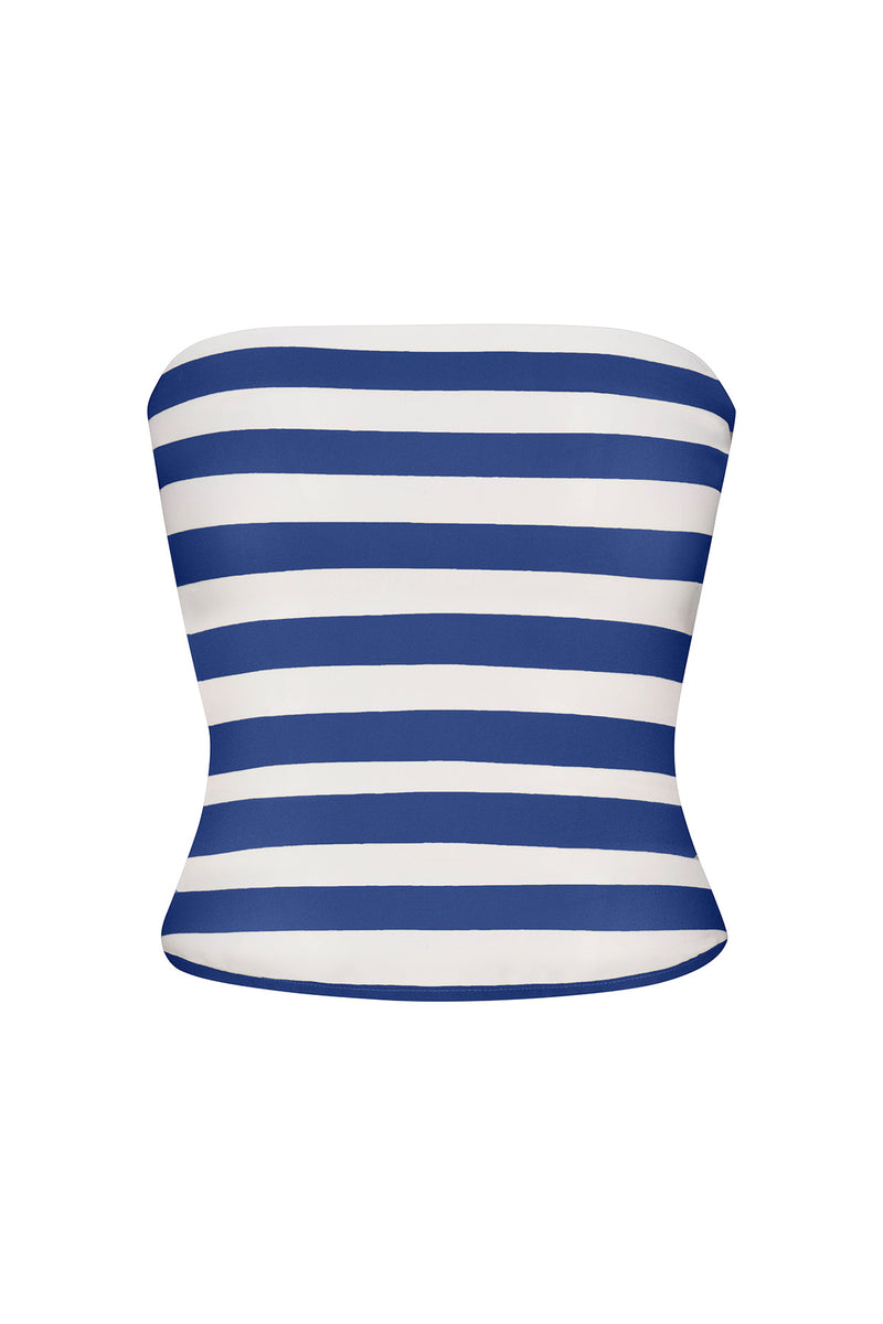 Ritts Strapless Top Azure Stripe in Striped Stretch Twill on white background