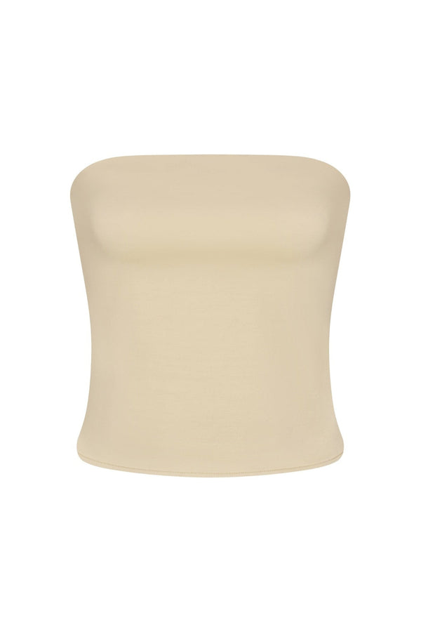 Ritts Strapless Top in fluid stretch sateen on a white background. Sleek, versatile, and perfect for chic summer or evening outfits.