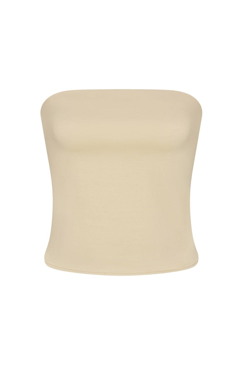 Ritts Strapless Top in fluid stretch sateen on a white background. Sleek, versatile, and perfect for chic summer or evening outfits.