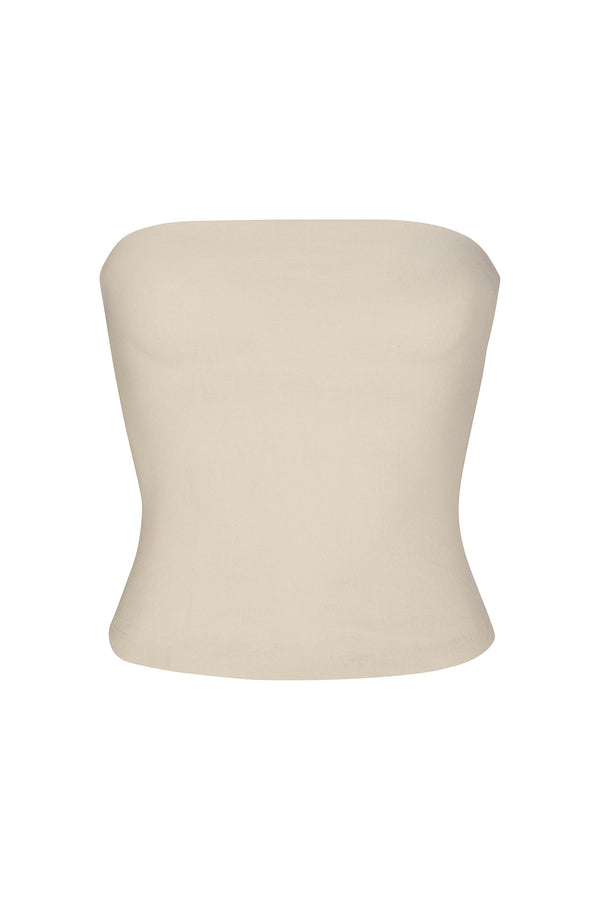 Ritts Strapless Top in Stretch Suiting Off-White on White Background
