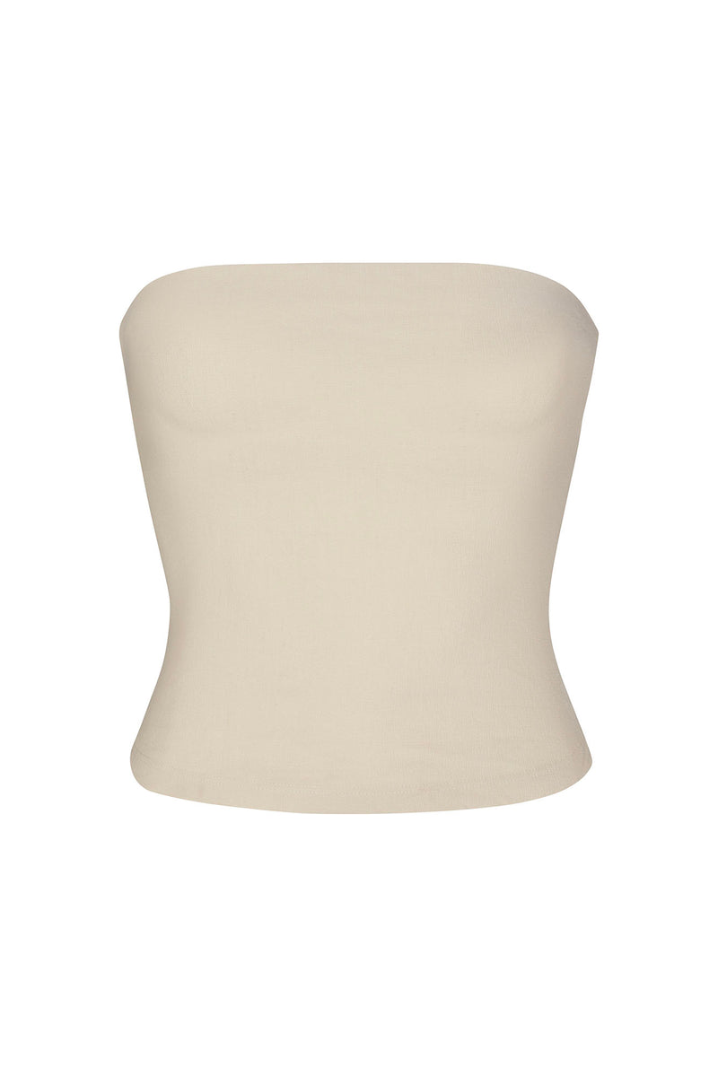 Ritts Strapless Top in Stretch Suiting Off-White on White Background