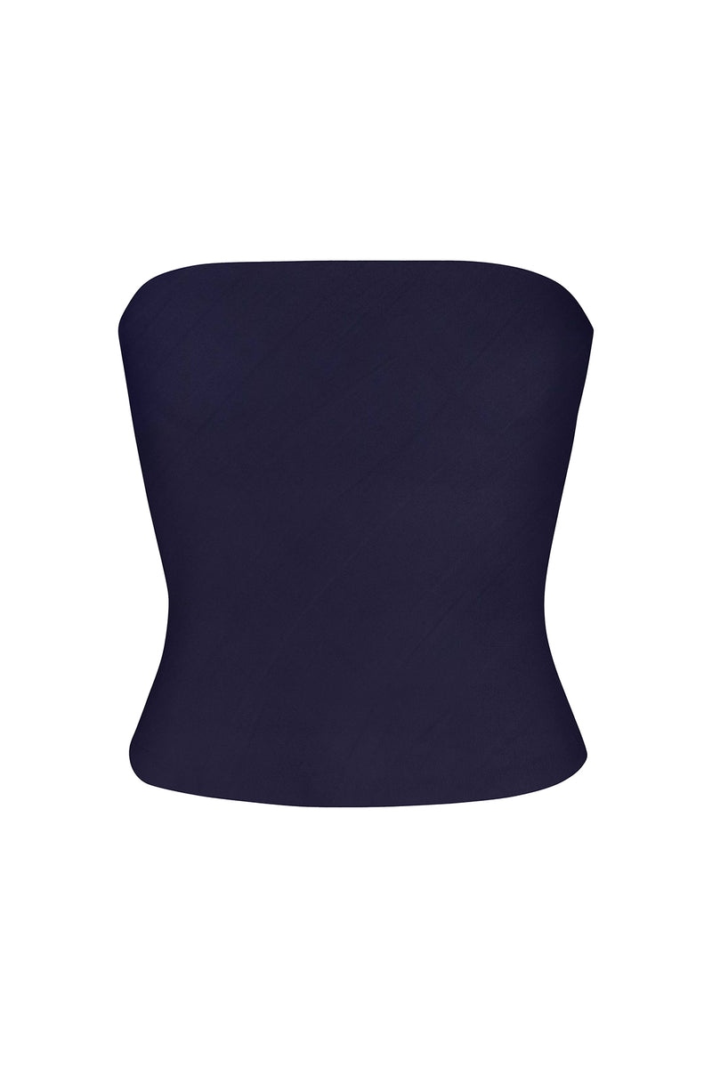Ritts Strapless Top in Stretch Twill Marine on White Background