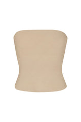 Ritts Strapless Top in Stretch Twill Taupe on White Background
