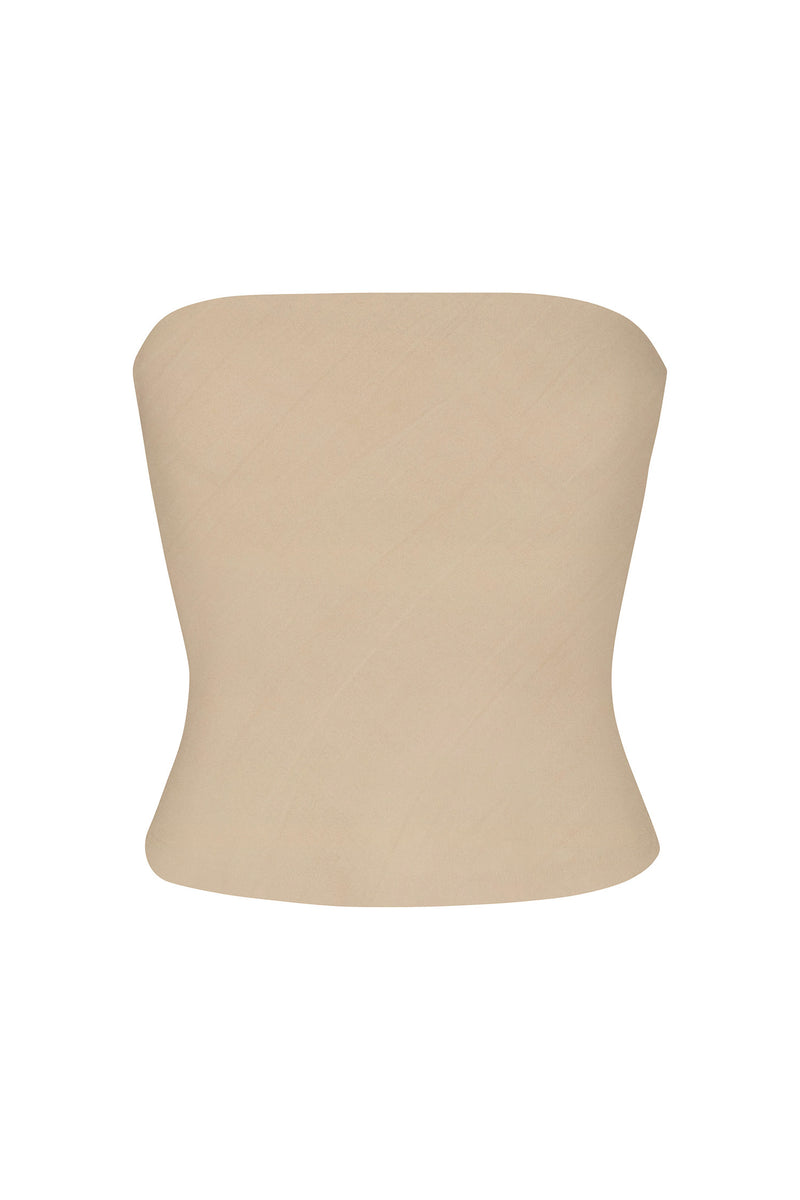 Ritts Strapless Top in Stretch Twill Taupe on White Background