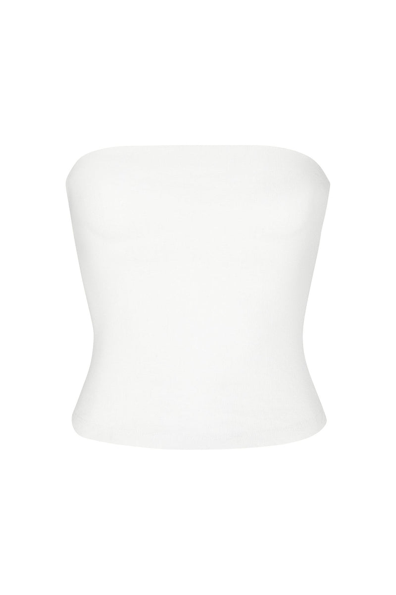 Ritts Strapless Top in Stretch Twill White on White Background