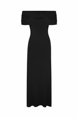 Ruched Off-The-Shoulder Maxi Dress Black in Compact Jersey on white background
