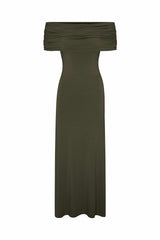 Ruched Off-The-Shoulder Maxi Dress Cypress Green in Compact Jersey on white background