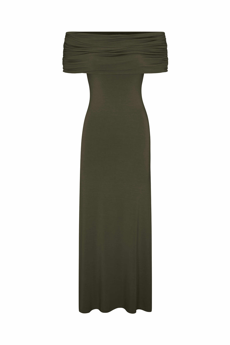 Ruched Off-The-Shoulder Maxi Dress Cypress Green in Compact Jersey on white background