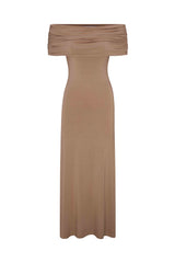 Ruched Off-The-Shoulder Maxi Dress Dusty Rose in Compact Jersey on white background