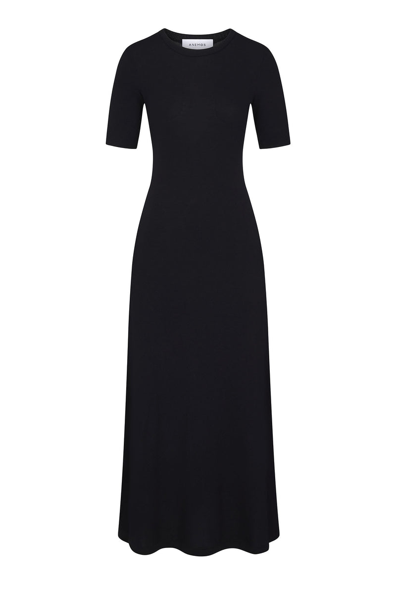 Short-Sleeve Midi Dress in Modal Knit Black on White Background