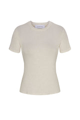 A short sleeve t-shirt in natural tencel linen knit on a white background