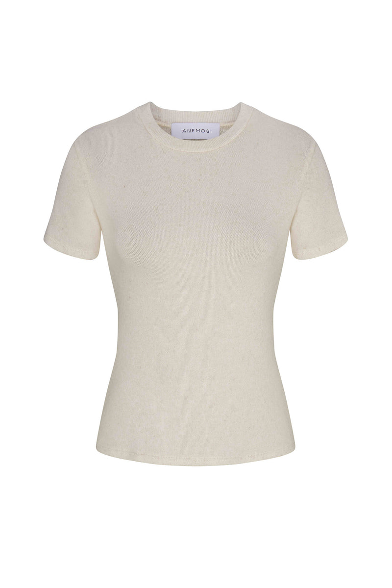 A short sleeve t-shirt in natural tencel linen knit on a white background