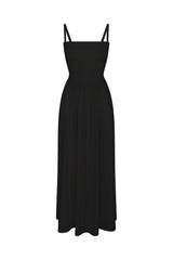Square Neck Gathered A-Line Maxi Dress Black in compact jersey displayed on a white background. A flattering, minimalist and structured drape ideal for elevated everyday or resort wear.