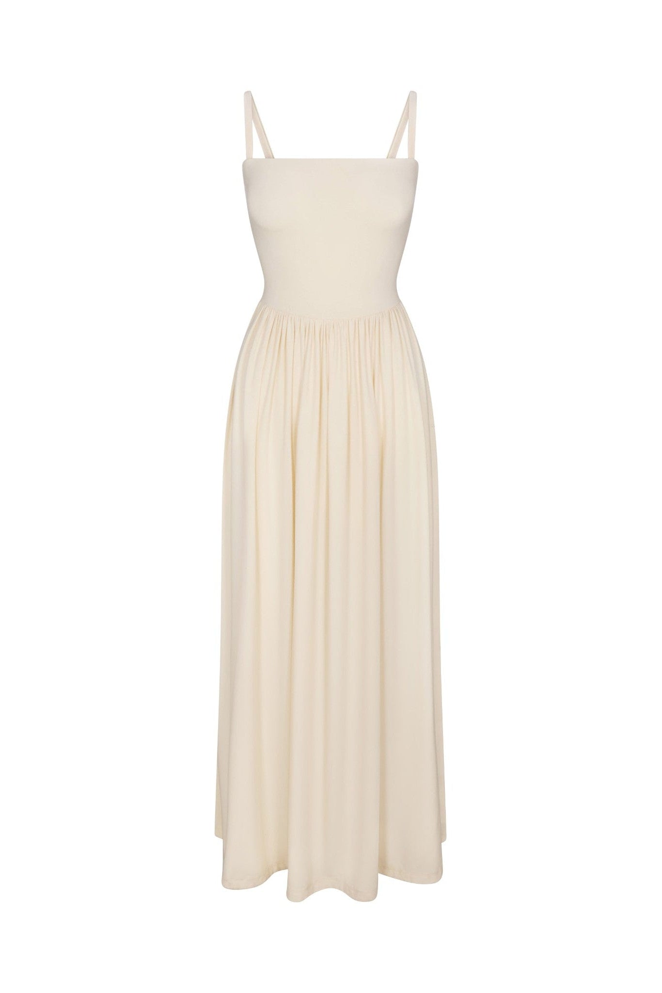 Square Neck Gathered A-Line Maxi Dress Oyster in compact jersey displayed on a white background. A flattering, minimalist and structured drape ideal for elevated everyday or resort wear.