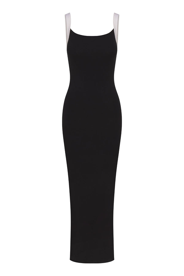 Square Neck Maxi Tank Dress In Black & White Contrast Strap Jersey on white background