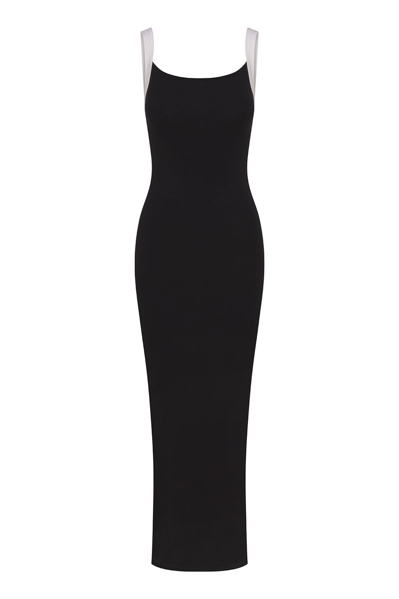 Square Neck Maxi Tank Dress In Black & White Contrast Strap Jersey on white background
