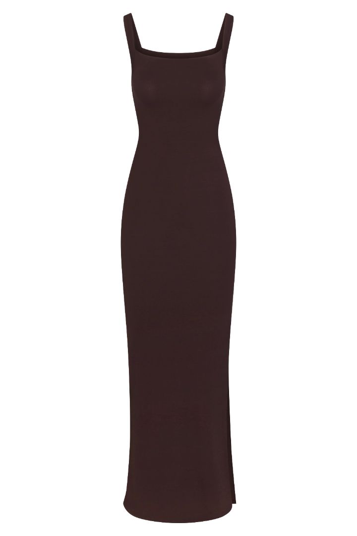 Square Neck Maxi Tank Dress in compact jersey on a white background, featuring a sleek, elongated silhouette with minimalist lines and a subtle ’90s-inspired design.