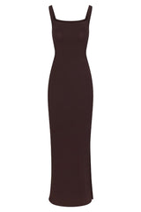 Square Neck Maxi Tank Dress in compact jersey on a white background, featuring a sleek, elongated silhouette with minimalist lines and a subtle ’90s-inspired design.