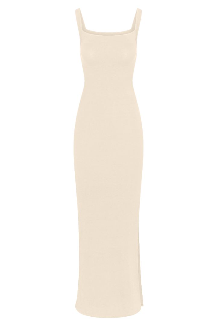 Square Neck Maxi Tank Dress in compact jersey on a white background, featuring a sleek, elongated silhouette with minimalist lines and a subtle ’90s-inspired design. 