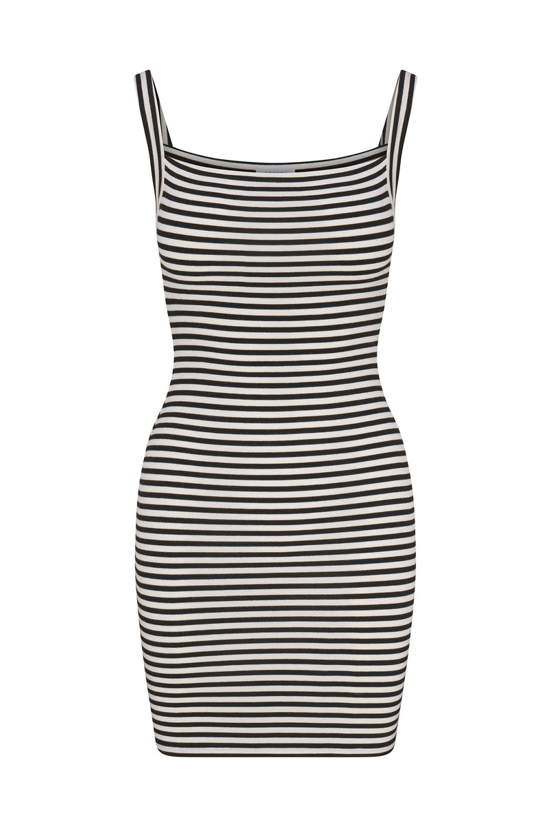 Square Neck Mini Tank Dress In Black & White Stripe Jersey on white background