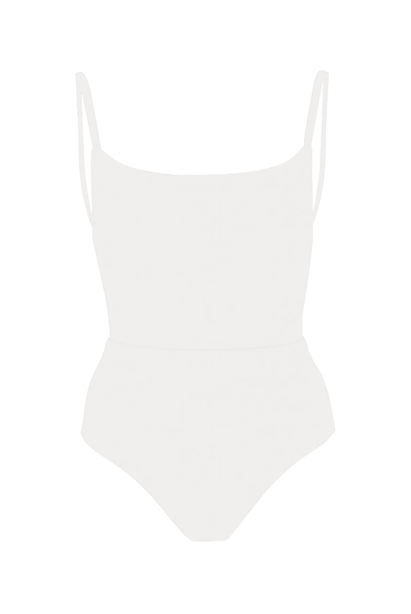 Square Neck Open Back One-Piece White on White Background