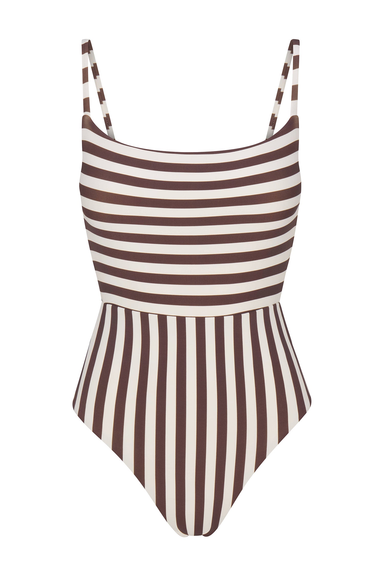 Square Neck Open Back One-Piece in Mixed Stripes Espresso & White Mixed Striped on White Background