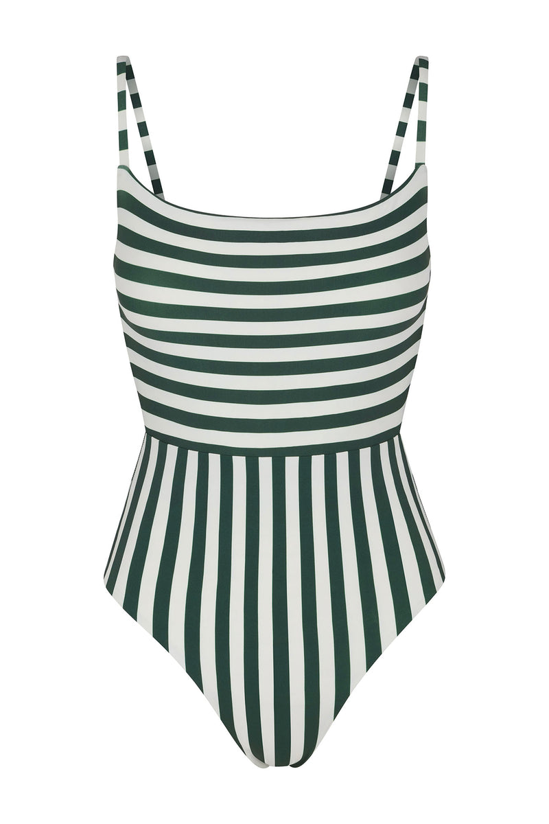 Square Neck Open Back One-Piece in Mixed Stripes Green & White Mixed Striped on White Background