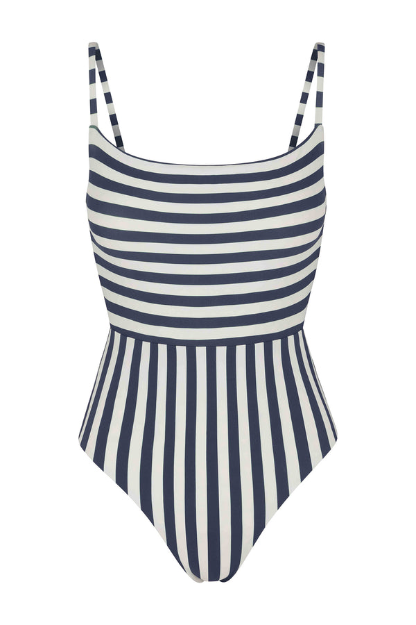 Square Neck Open Back One-Piece in Mixed Stripes Marine & White Mixed Striped on White Background