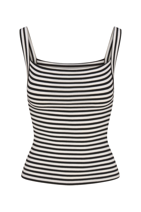Square Neck Tank Top In Black & White Stripe Jersey on white background
