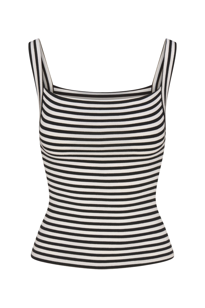 Square Neck Tank Top In Black & White Stripe Jersey on white background